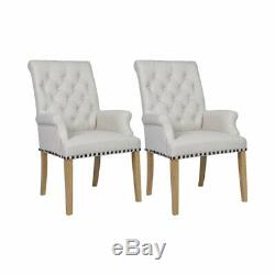 Beaded Cream Fabric Upholstered Light Oak Dining Chair with Heavy Metal Knocker
