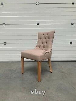 Beige Fabric Kensington Dining Chair Natural Wood Legs Silver Stud Button Back