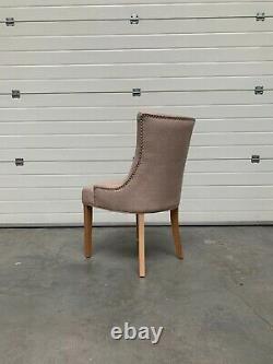 Beige Fabric Kensington Dining Chair Natural Wood Legs Silver Stud Button Back