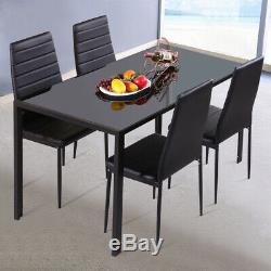 Black Glass Dining Set Kitchen Table 2 4 6 Chairs Faux Leather Upholstered Seat