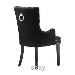 Black Upholstered Velvet Button Dining Chairs Knocker Back Wooden Legs