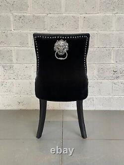 Black Velvet Dining Chair Deep Tufted Button Back Fluted Black Legs Lion Knocker