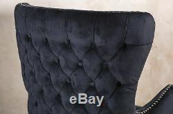 Black Velvet Dining Chair With Armrests, Upholstered Carver Chair, Button Back