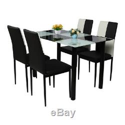 Black & White Glass Dining Table and 4 Faux Leather Chairs Set Upholstered Seat