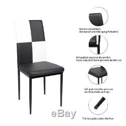 Black & White Glass Dining Table and 4 Faux Leather Chairs Set Upholstered Seat