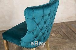 Blue Teal Velvet Dining Chair, Upholstered Side Chair, Button Back French Style