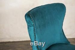Blue Teal Velvet Dining Chair, Upholstered Side Chair, Button Back French Style