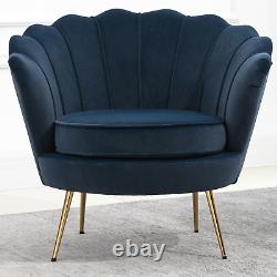 Blue Velvet Upholstered Scallop Chair Golden Wooden Legs Modern Padded Armchair