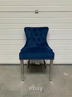 Brushed Royal Blue Velvet Dining Chair Quilt Back Lion Knocker Metal Leg