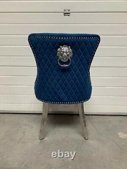 Brushed Royal Blue Velvet Dining Chair Quilt Back Lion Knocker Metal Leg