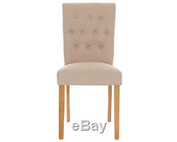 Button Back Dining Chairs Cream Linen & Oak Legs Pair Upholstered Fabric Chairs