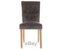 Button Back Dining Chairs Grey Velvet & Oak Legs Pair Upholstered Fabric Chairs