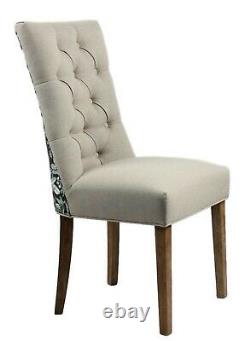 Buttoned backrest upholstered dining chair Floral design Brown wooden legs