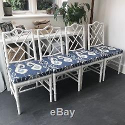 CHIPPENDALE STYLE FAUX BAMBOO DINING CHAIRS Vintage Chinese Ikat Upholstered x4
