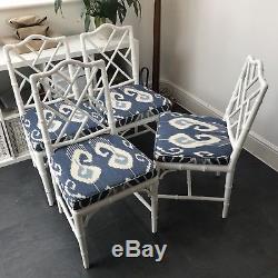 CHIPPENDALE STYLE FAUX BAMBOO DINING CHAIRS Vintage Chinese Ikat Upholstered x4