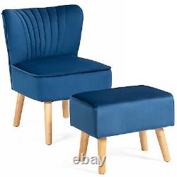 COSTWAY Velvet Accent Chair With Footstool Armless Tub Side Dining Chair Upholster