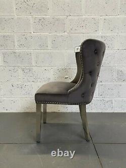 Charlo Dark Grey Velvet Dining Chair Metal Legs Button Back Stud Detail