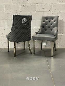 Chelsea Brushed Dark Grey Velvet Quilted Dining Chair Lion Knocker Metal Legs