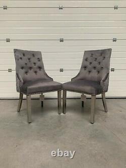 Chelsea Brushed Dark Grey Velvet Quilted Dining Chair Lion Knocker Metal Legs
