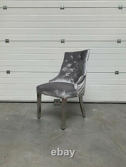 Chelsea Brushed Silver Grey Velvet Quilted Dining Chair Lion Knocker Metal Legs
