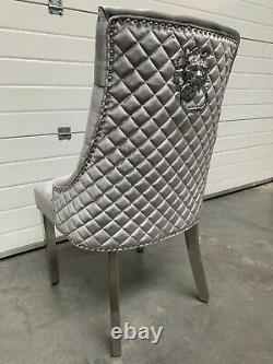 Chelsea Brushed Silver Grey Velvet Quilted Dining Chair Lion Knocker Metal Legs