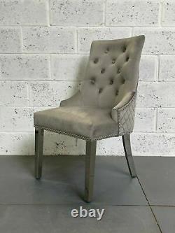 Chelsea Dining Chair Brushed Light Grey Velvet Quilted Lion Knocker Metal Legs