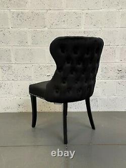 Chesterfield Black Brushed Velvet Dining Chair Button Back Fluted Black Wood Leg