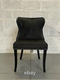 Chesterfield Black Brushed Velvet Dining Chair Button Back Fluted Black Wood Leg