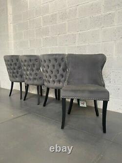 Chesterfield Dark Grey Velvet Dining Chair Button Back Fluted Black Wood Legs