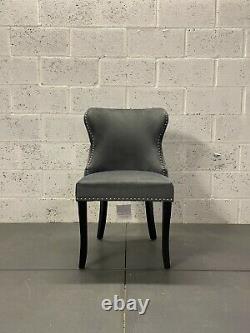 Chesterfield Dark Grey Velvet Dining Chair Button Back Fluted Black Wood Legs