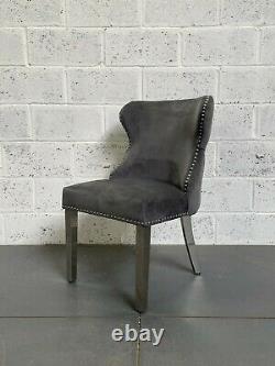 Chesterfield Dark Grey Velvet Dining Chair Button Back Polished Metal Legs