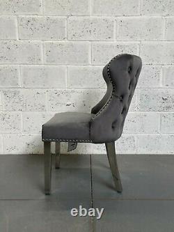 Chesterfield Dark Grey Velvet Dining Chair Button Back Polished Metal Legs