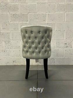Chesterfield Light Grey Velvet Dining Chair Button Back Fluted Black Wood Legs