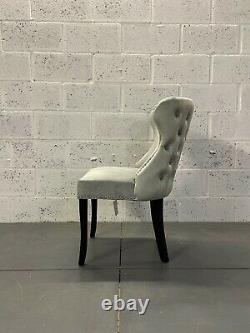 Chesterfield Light Grey Velvet Dining Chair Button Back Fluted Black Wood Legs