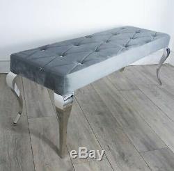Chrome Modern Louis Black/Grey Upholstered Velvet Dining Room Chair Bench 130cm