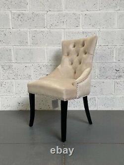 Clio Beige Cream Velvet Dining Chair Black Legs Pleated Button Back Silver Stud