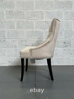 Clio Beige Cream Velvet Dining Chair Black Legs Pleated Button Back Silver Stud