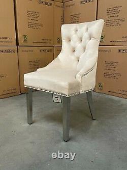 Clio Beige Cream Velvet Dining Chair Metal Legs Pleated Button Back Silver Studs