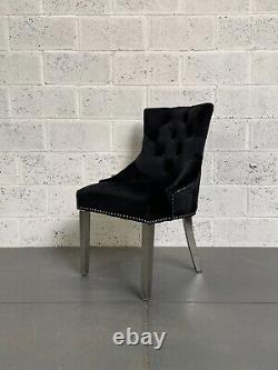 Clio Black Brushed Velvet Dining Chair Metal Legs Pleated Button Back Detail