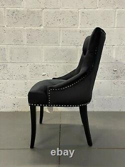 Clio Black Velvet Dining Chair Black Legs Pleated Button Back Silver Stud Detail