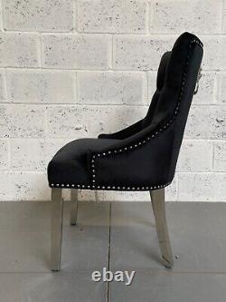 Clio Black Velvet Dining Chair Lion Knocker Metal Legs Silver Stud Detailing