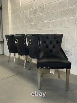 Clio Black Velvet Dining Chair Metal Legs Ring Knocker Button Back Silver Studs