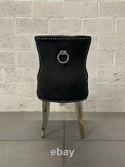 Clio Black Velvet Dining Chair Metal Legs Ring Knocker Button Back Silver Studs