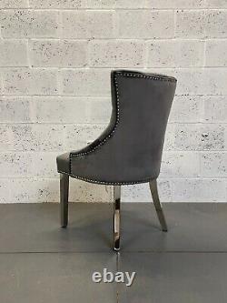 Clio Dark Grey Brushed Velvet Dining Chair Metal Legs Pleated Button Back Detail