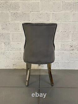 Clio Dark Grey Brushed Velvet Dining Chair Metal Legs Pleated Button Back Detail