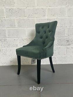 Clio Green Velvet Dining Chair Black Legs Pleated Button Back Silver Stud Detail