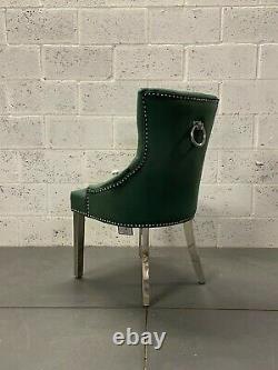 Clio Green Velvet Dining Chair Metal Legs Ring Knocker Button Back Silver Studs