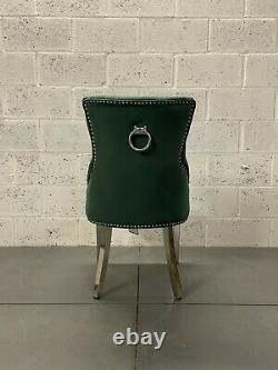 Clio Green Velvet Dining Chair Metal Legs Ring Knocker Button Back Silver Studs