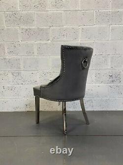 Clio Grey Velvet Dining Chair Metal Legs Ring Knocker Button Back Silver Studs