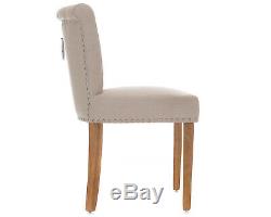 Cream Linen Scroll Top Dining Chair With Knocker & Oak Legs Upholstered Chair